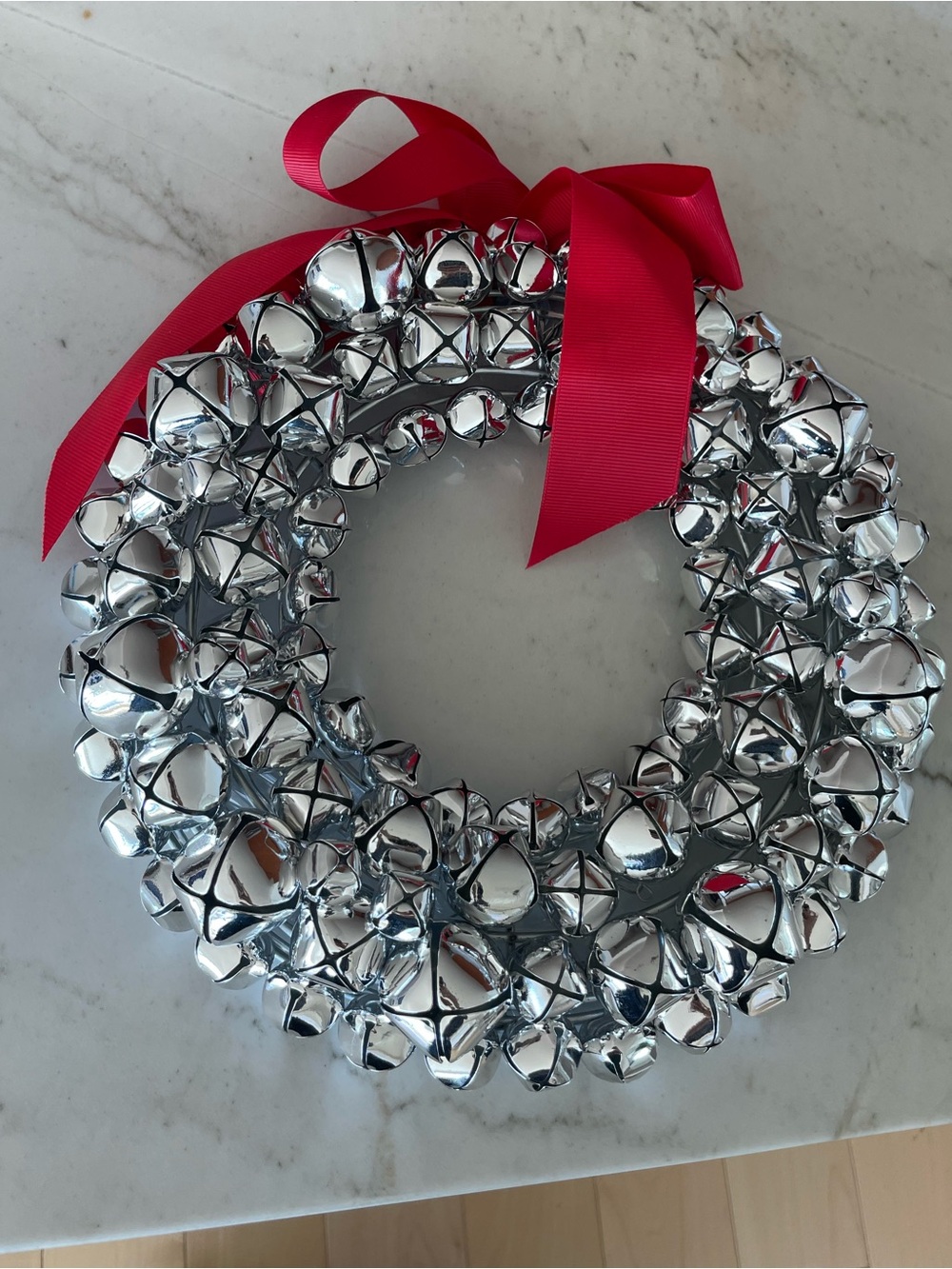 Williams Sonoma Shiny Silver Jingle Bell Holiday Wreath Red Ribbon Christmas box